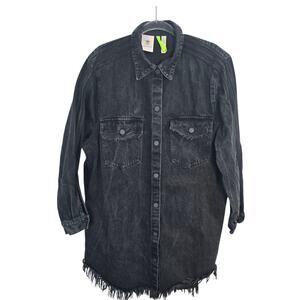 Adidas x KSENIASCHNAIDER Black Denim Fringe Shirt Dress Snap Front Large